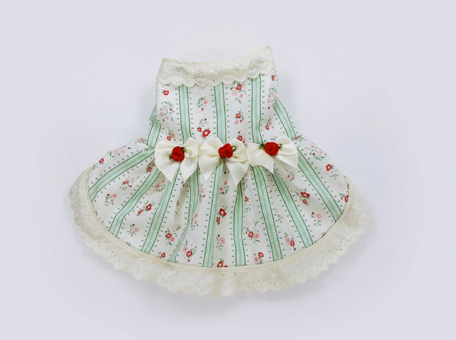 Vintage inspired green stripes and red flowers dog dress