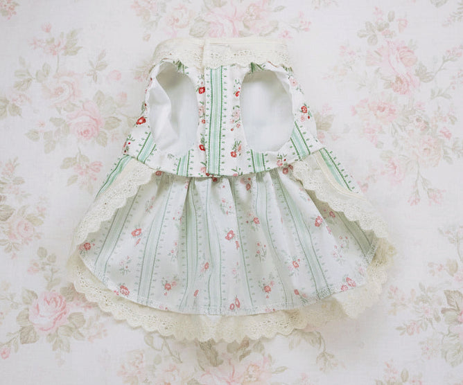Vintage inspired green stripes and red flowers dog dress