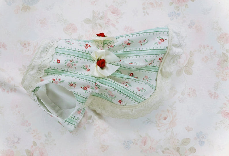 Vintage inspired green stripes and red flowers dog dress
