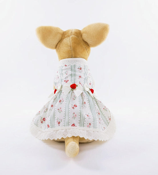 Vintage inspired green stripes and red flowers dog dress