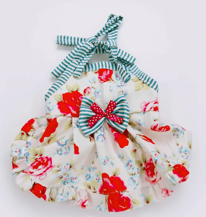 Fuchsia roses and blue stripes summer dog dress