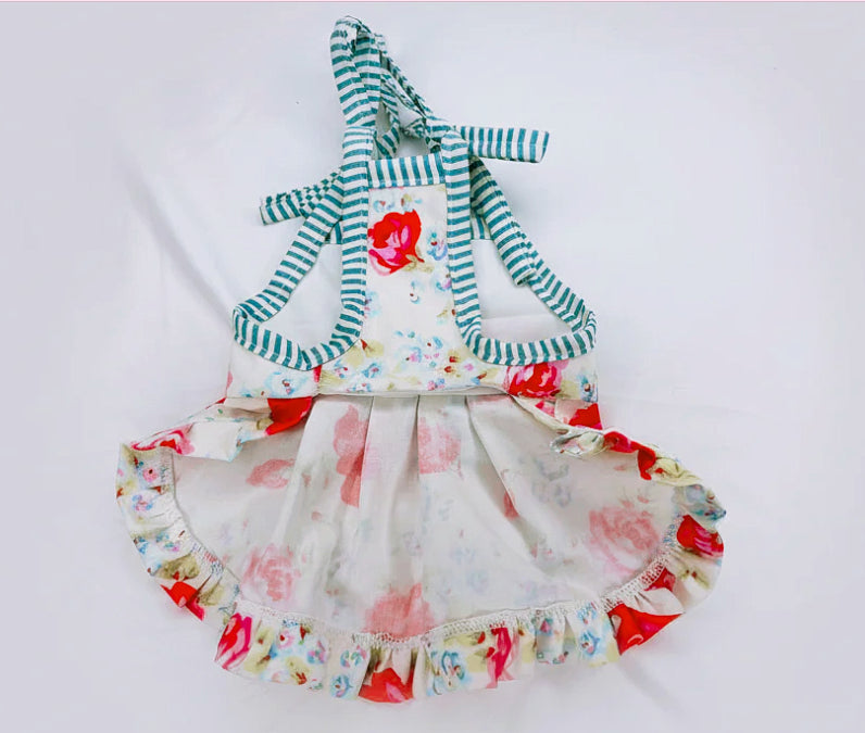 Fuchsia roses and blue stripes summer dog dress