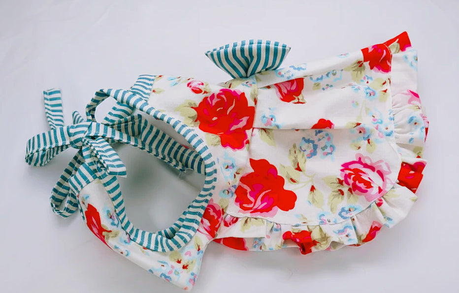Fuchsia roses and blue stripes summer dog dress