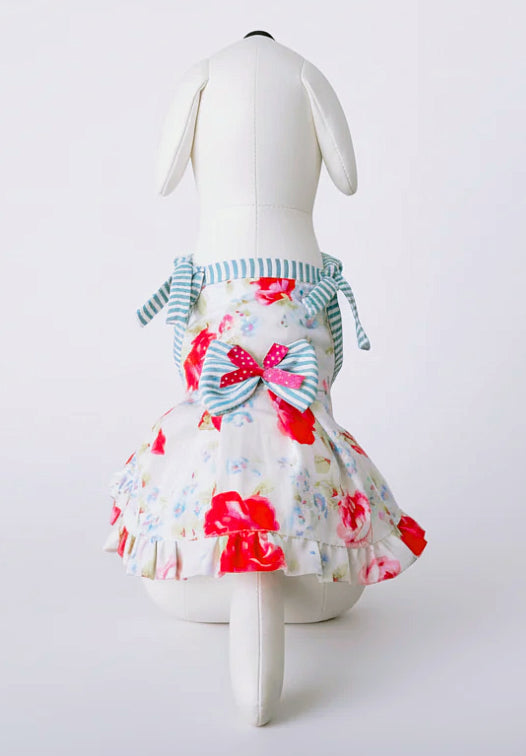 Fuchsia roses and blue stripes summer dog dress