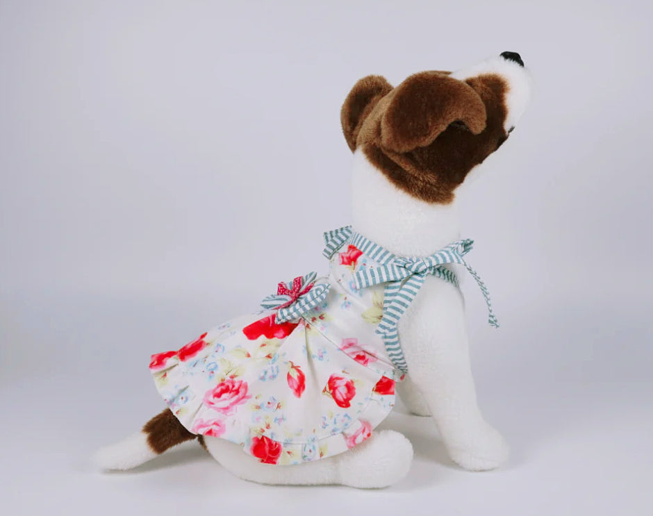 Fuchsia roses and blue stripes summer dog dress