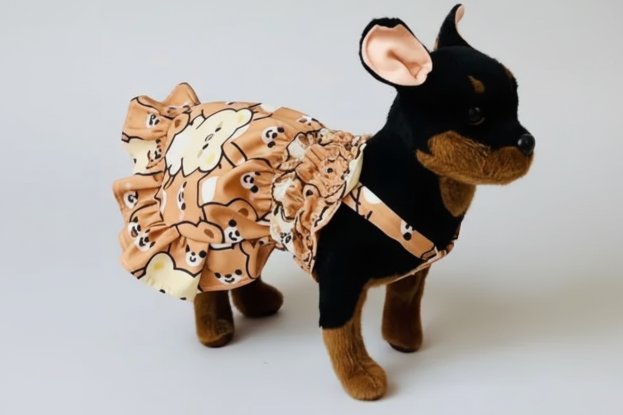 Teddy bear pattern elastic shirred summer dog dress