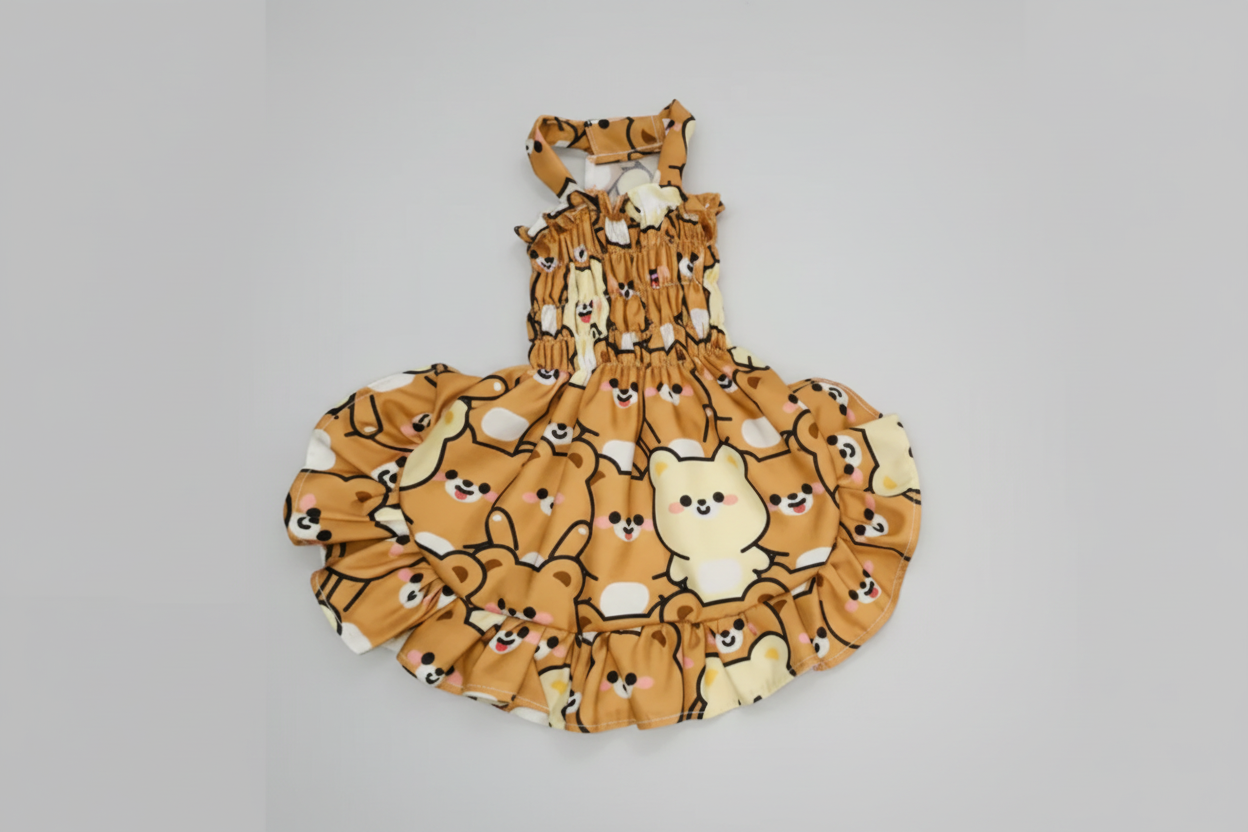 Teddy bear pattern elastic shirred summer dog dress