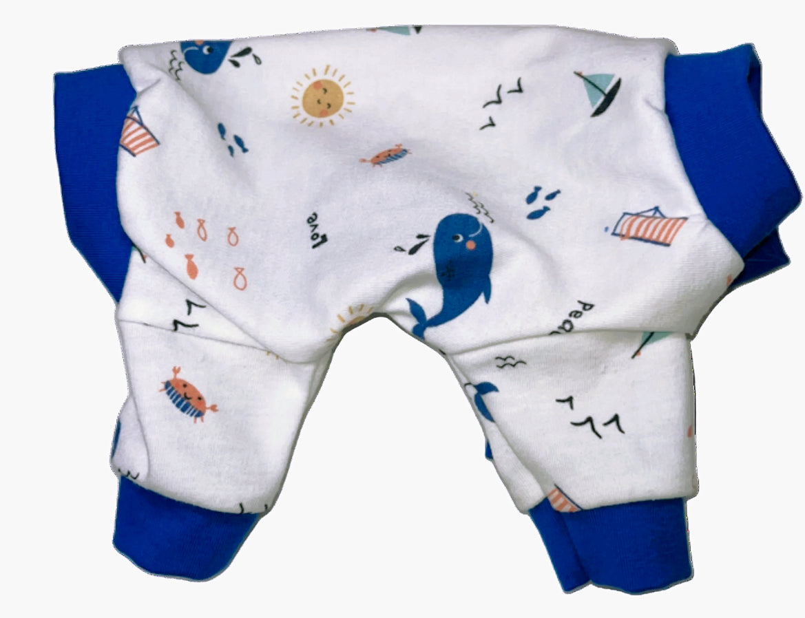 Navy blue whale print cotton dog pajamas