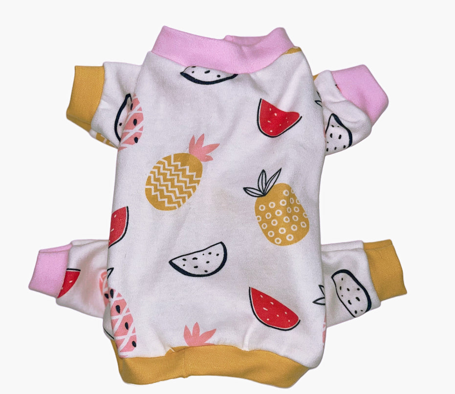 Yellow and pink pineapple fruits dog pajamas.