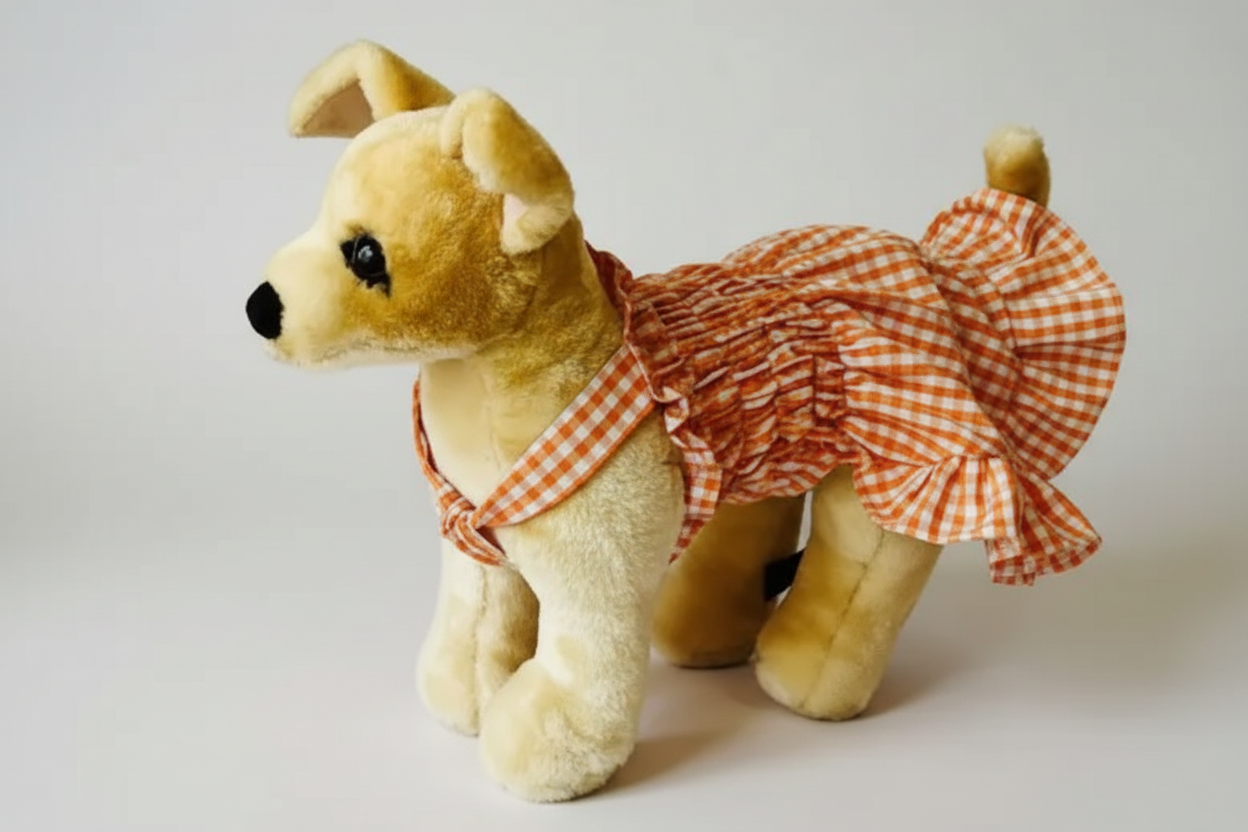 Plush dog toy wearing a checkered dress on a plain background
