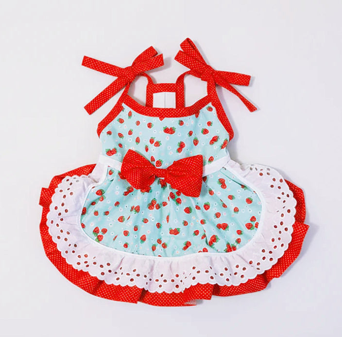 Cute red polka dot fresh strawberry print dog dress