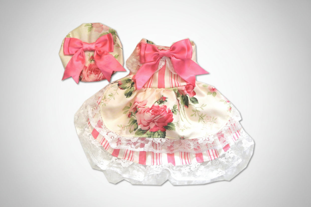 Shabby Roses Dog Dress with matching beret