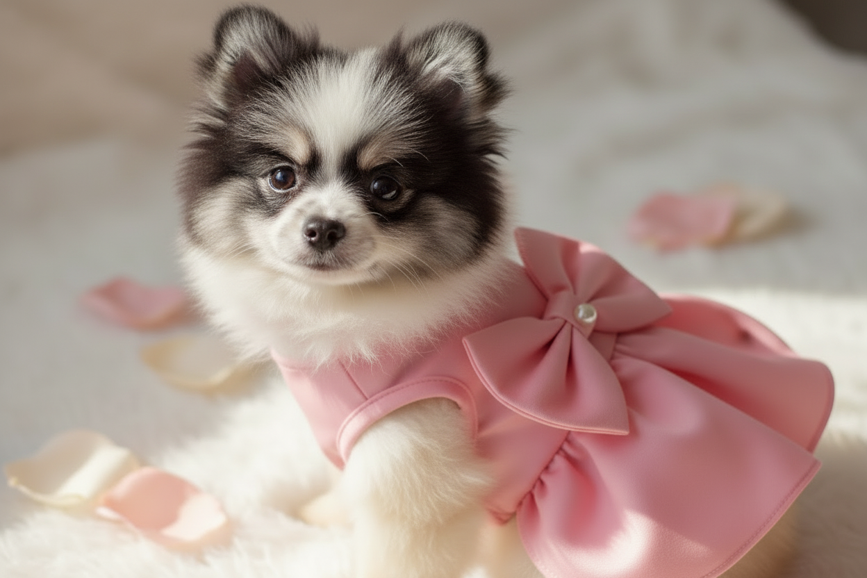 cute feminine small lap dog in a pink dress