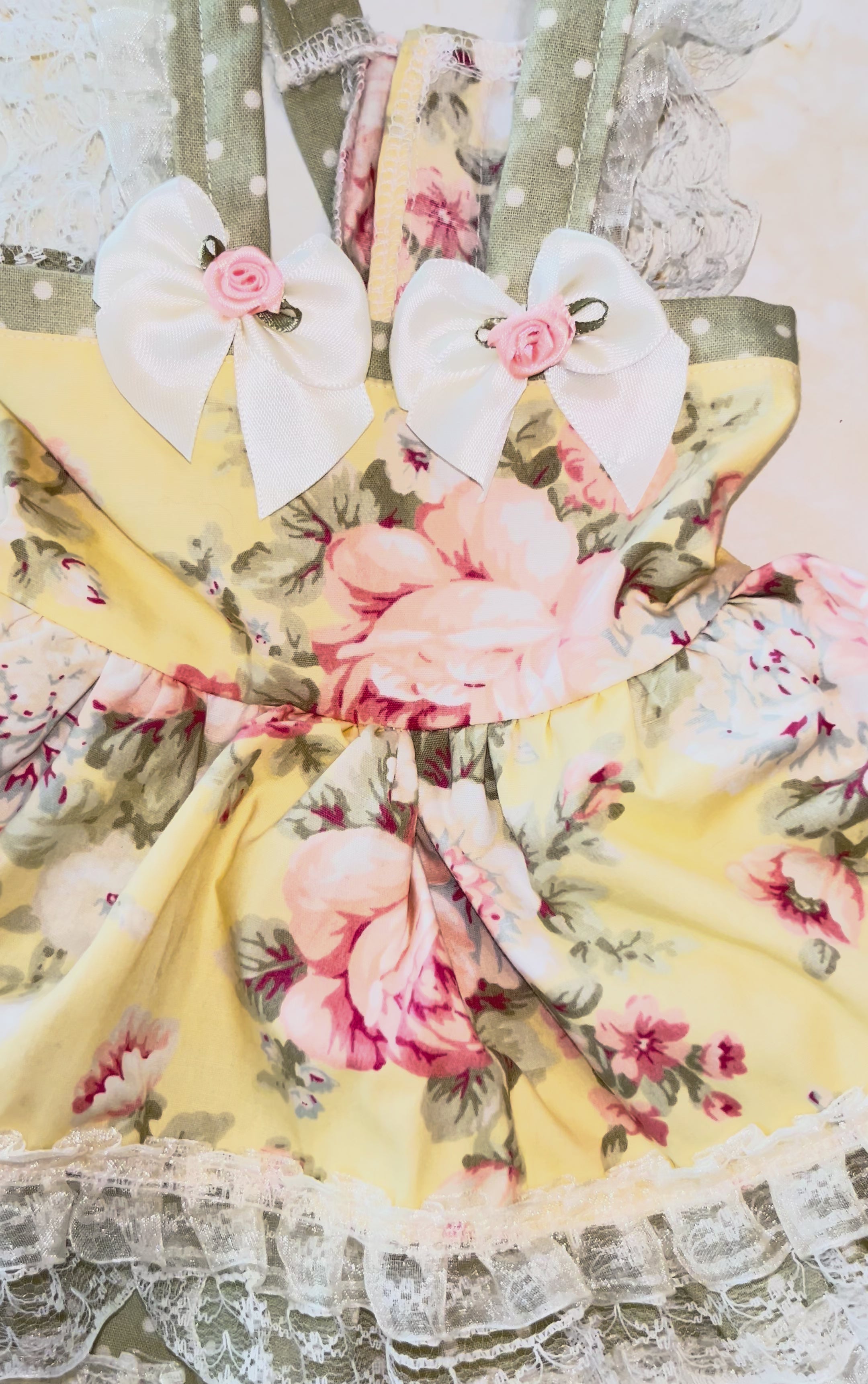 Elegant pale yellow and olive green shabby roses dog dress.