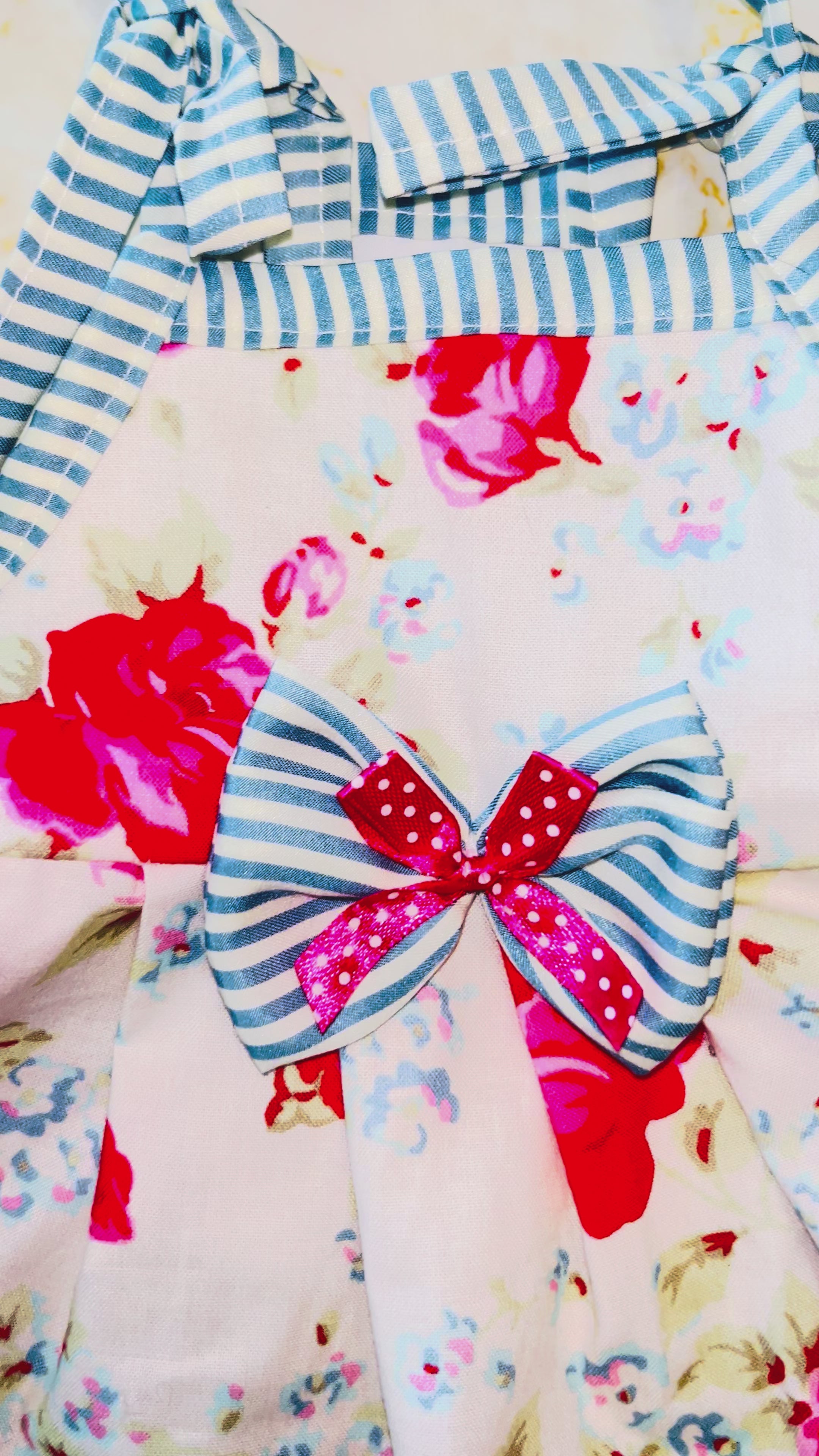 Fuchsia roses and blue stripes summer dog dress