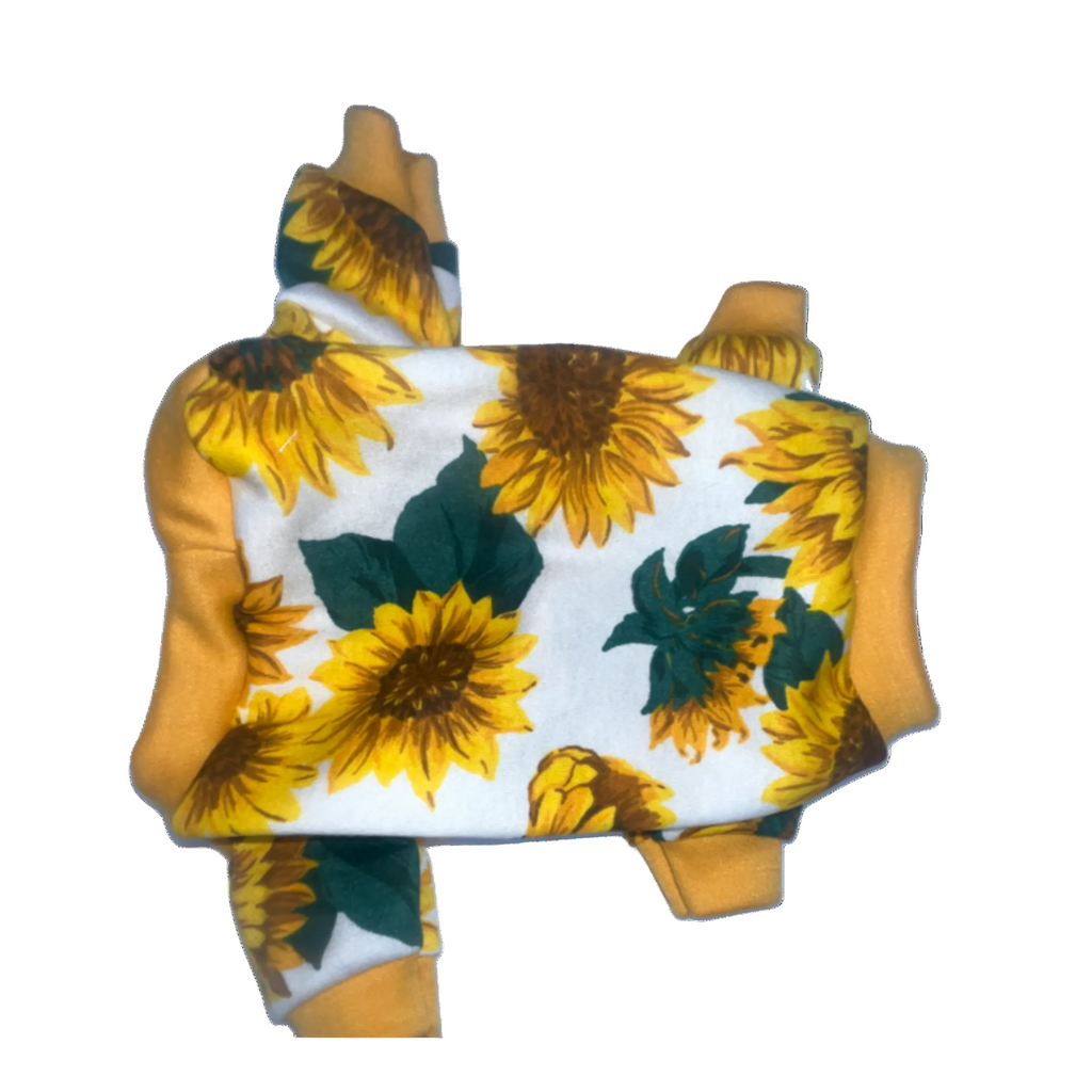 Sunflower-patterned fabric on a mannequin with a white background