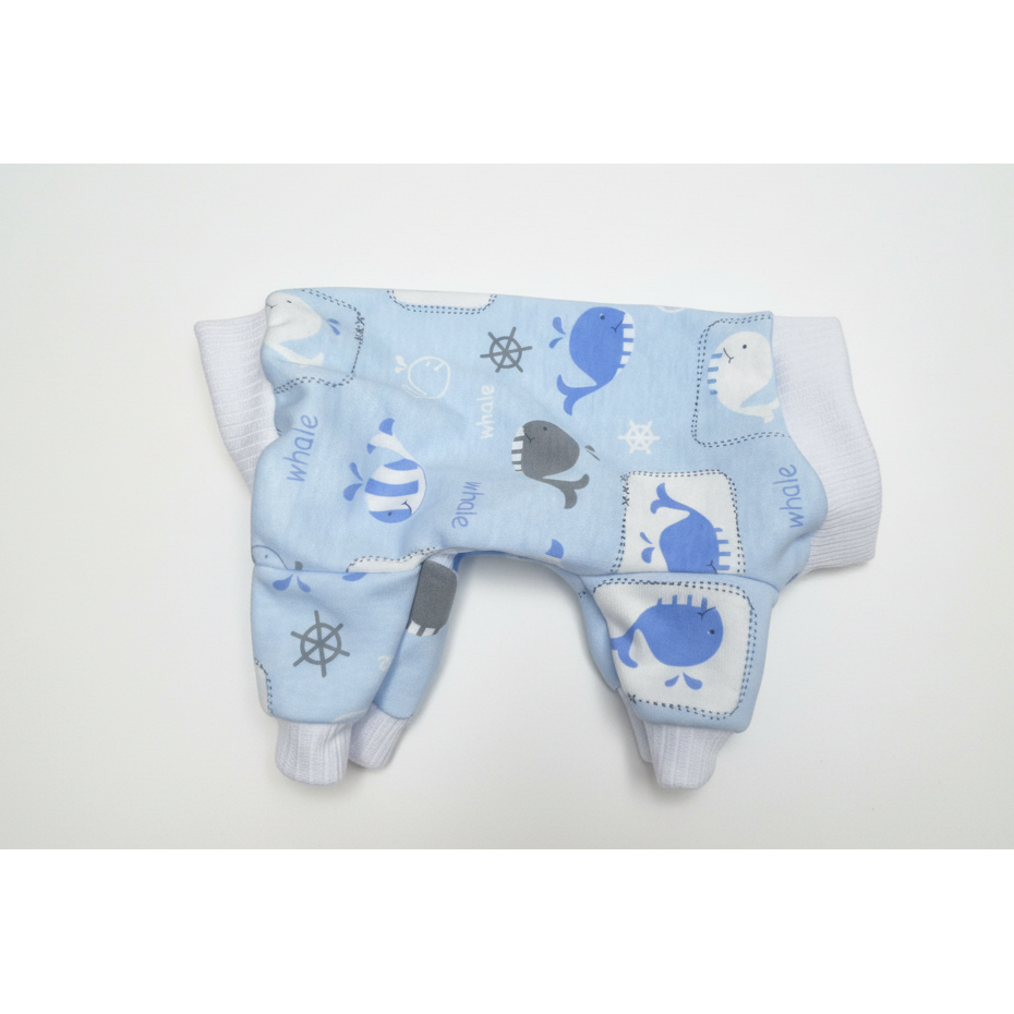 dog pajamas with whale pattern on a white background