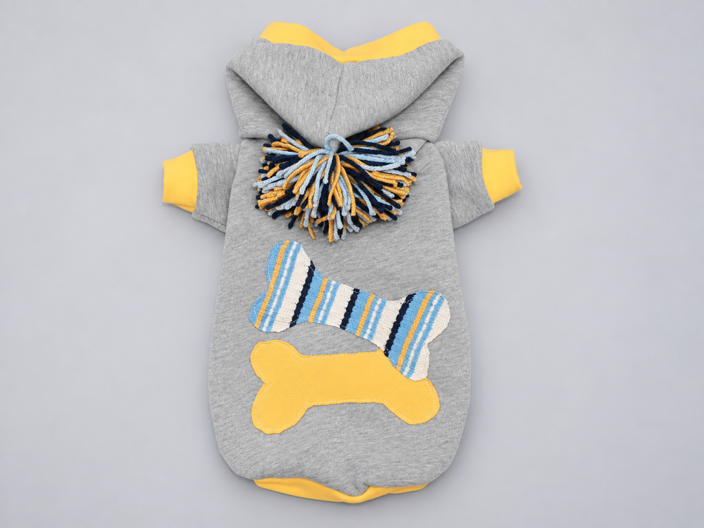 Heather Gray Yellow Bone Patches Dog Hoodie